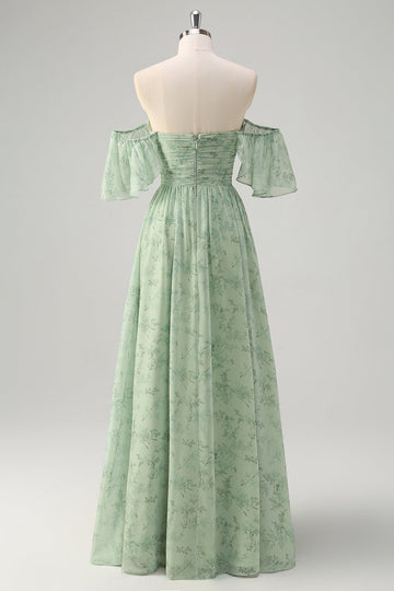 Dusty Sage En linje från axeln tryck lång balklänning med slits